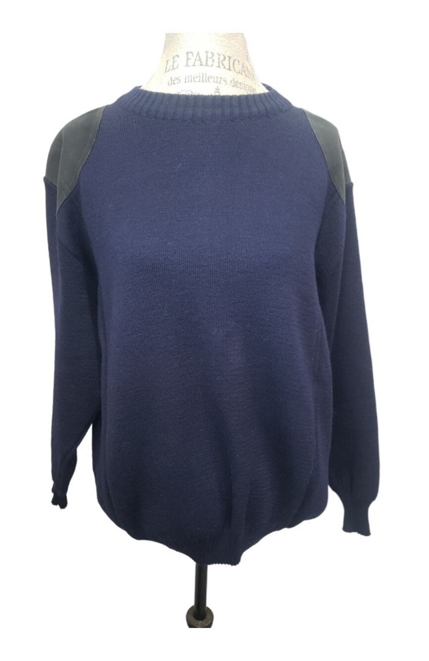 Vintage Barbour Pure Wool & Suede Leather Navy Blue Jumper Sweater | Size 56-46